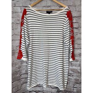 Lane Bryant Stripe 3/4 Sleeve Sweater Tunic Floral‎ Red Lace Sleeve 14/16
